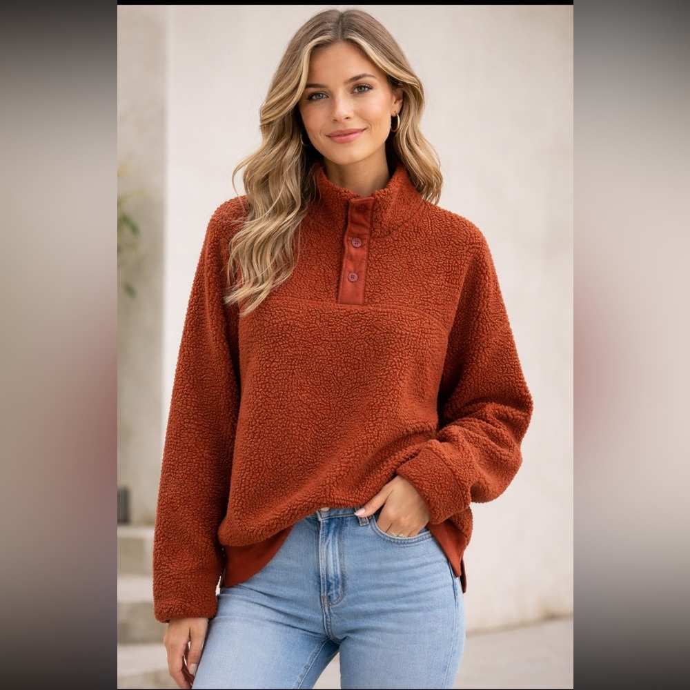 Old Navy Sherpa 1/4 Snap Pullover Sweatshirt Woman Large Brown Comfy Oversized